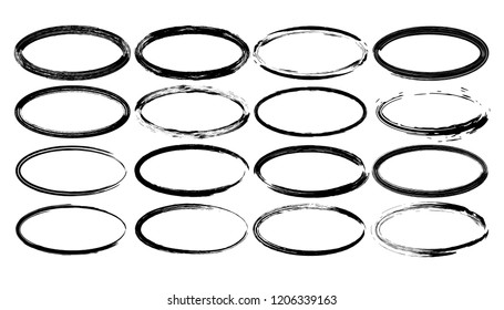 Set of oval grunge frames. Empty dry brush borders isolated. Vector illustration. 