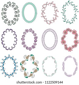 Set with Oval Hand Drawn Multicolor Frames. Frames with Dark Color Contour and Colorful Blub Brush Fill. Abstract and Floral Doodles with Swirls, Waves, Copybook Spring, Flowers, Grapes and other.