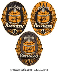 set oval label with a beer keg and the word brewery