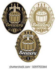 Set oval labels for brewery with beer keg, coat of arms, ears of wheat, hops and calligraphic inscription