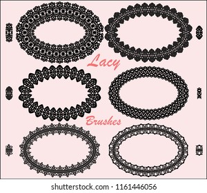 Set of oval lace frames and elements of pattern brushes. Vector illustration