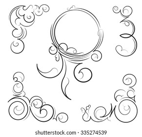 Set of oval outline frame and decorative elements. 
