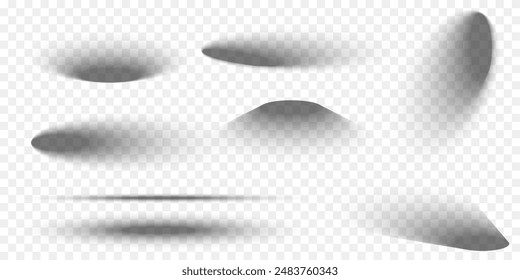 Set of oval packing box shadow effects. Different realistic soft grey shapes. Elliptic package shades isolated on transparent background. Vector realistic illustration.