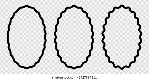 Set of oval photo or picture frames with wiggly borders. Vignette shapes with squiggly, wavy, undulated, serrated borders isolated on white background. Vector graphic illustration.