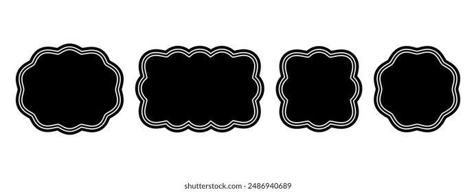 Set of oval, rectangle, square and circle shapes with wavy edges. Geometric forms with wiggly borders. Empty text boxes, tags or labels isolated on white background. Vector graphic illustration.