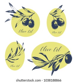 Set of oval and round olive oil labels. Hand drawn vector illustration. Package design.
