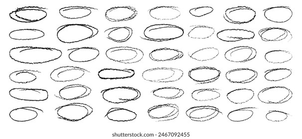 Set of oval shapes with crayon or charcoal texture. Hand drawn black doodle grunge elements. Handwriting graffiti chalk or pencil ellipses.