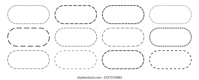 Conjunto de formas ovais com linhas tracejadas. Figuras geométricas pontilhadas isoladas sobre fundo branco. Corte aqui pictogramas para cupons de venda ou etiquetas de preço. Ilustração de contorno de vetor.