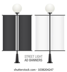 Set of oval vector lamposts, with black and white advertising flags, isolated on a white backgorund. Vertical promotional double sided flags realistic mockups.