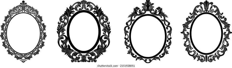 Set of oval vintage border frame engraving with retro ornament pattern in antique baroque style decorative design. Vector	
