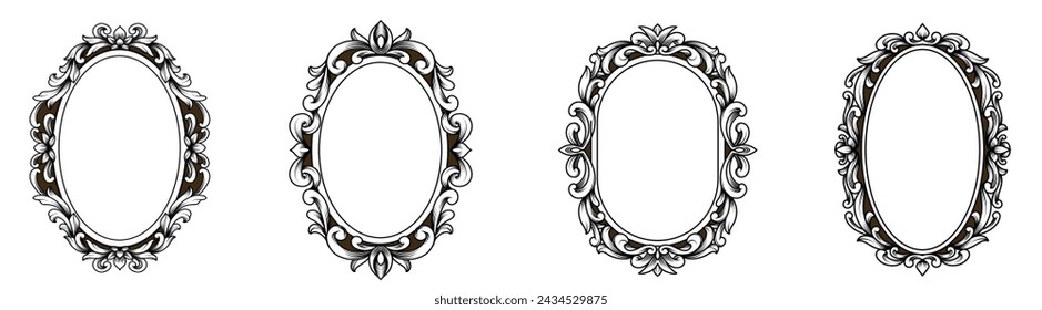 Set of oval vintage frames with classic engraving ornament. Swirl, flourish, victorian, damask, arabesque, filigree floral element border frame collection vector illustration