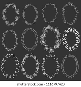 Set with Oval White Hand Drawn Frames on the Dark Background.Abstract and Floral Frames with Swirls, Waves, Copybook Spring, Flowers, Grapes and other.