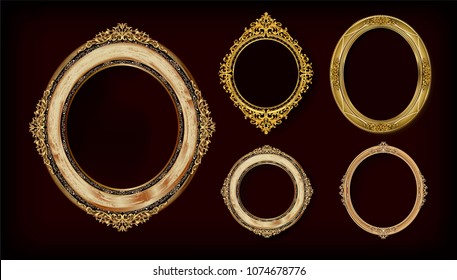 Set of Oval wood frames of gold and silver, Luxurious royal style. Decorative vintage frames and borders set,photo frame with corner line floral, Thai art style