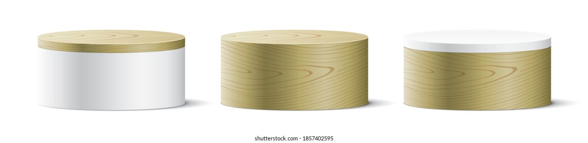 Set of oval wooden stands, isolated on a white background. Round shape aesthetic wooden podium, for product presentation, object placement, or deal showcasing. Minimalist modern vector display.