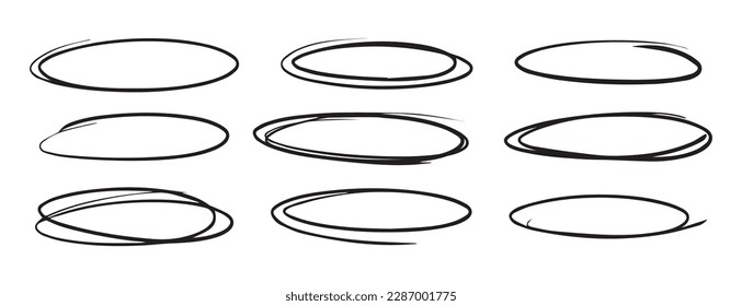 A set of ovals drawn with a pen, pencil, marker. Blank bubble for text, scribble stroke. Vector Handwritten underline element isolated on white background.