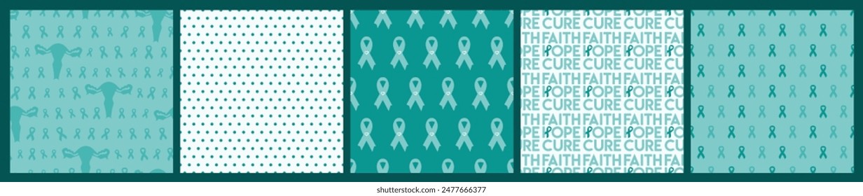 Set of Ovarian and Cervical Cancer Awareness Month teal backgrounds. Seamless pattern with teal cancer ribbons and uterus. Cancer prevention, women health vector illustration