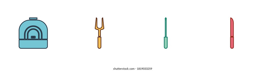 Set Oven, bifurcación de barbacoa, Afilador de Cuchillas e icono. Vector.