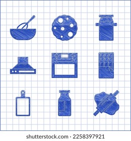 Set Oven, Bottle with milk, Rolling pin on dough, Chocolate bar, Cutting board, Kitchen extractor fan, Can container for and whisk and bowl icon. Vector