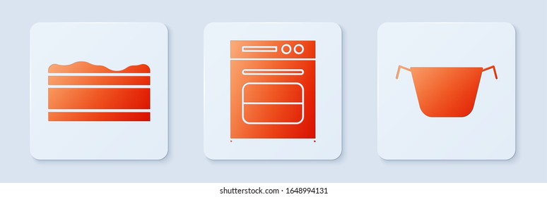 Set Oven , Brownie chocolate cake  and Cooking pot . White square button. Vector