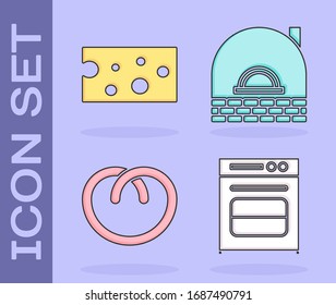 Set Oven , Cheese , Pretzel  and Brick stove  icon. Vector