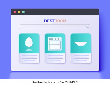 Set Oven, Chicken egg on a stand and Bowl icon. Vector