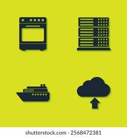 Set Oven, Cloud upload, Ship and Server, Data, Web Hosting icon. Vector