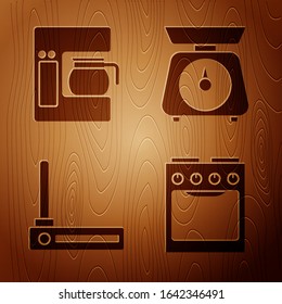 Set Oven , Coffee machine with glass pot , Router and wi-fi signal  and Scales  on wooden background. Vector