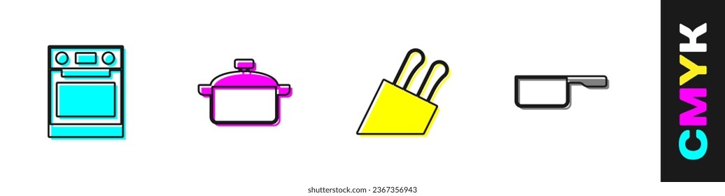 Set Oven, Cooking pot, Knife and Saucepan icon. Vector