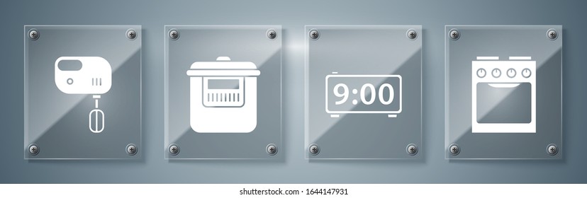 Set Oven , despertador digital , Cocina lenta y mezclador eléctrico . Paneles de vidrio cuadrado. Vector