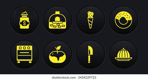 Set Oven, Donut, Apple in caramel, Knife, Ice cream waffle cone, Brick stove, Pudding custard and Jar of sugar icon. Vector