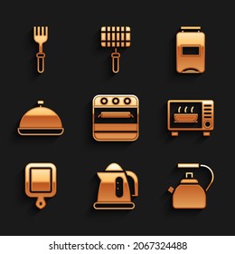 Set Oven, Electric kettle, Kettle with handle, Microwave oven, Cutting board, Covered tray of food, Jam jar and Fork icon. Vector