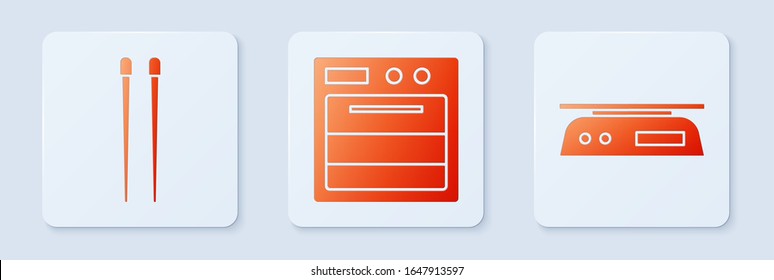 Set Oven, Food chopsticks and Electronic scales. White square button. Vector