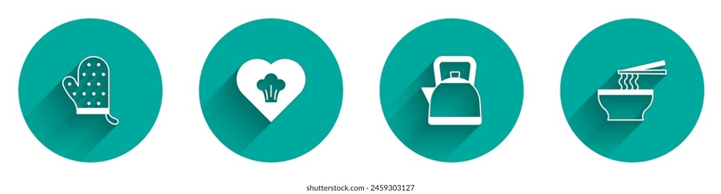 Set Guante de horno, Sombrero de chef, Hervidor de agua con mango y fideos asiáticos en icono de tazón con sombra larga. Vector