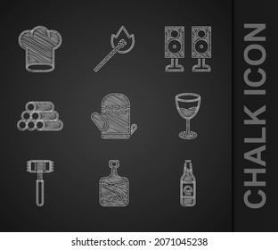 Set Oven glove, Cutting board, Beer bottle, Wine glass, Kitchen hammer, Wooden logs, Stereo speaker and Chef hat icon. Vector