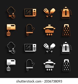 Set Oven glove, Electric kettle, Grater, Cooking pot, mixer, Crossed fork and spoon, Chef hat and Microwave oven icon. Vector