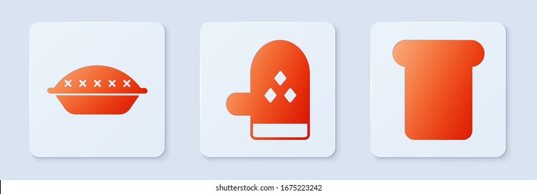 Set Oven glove , Homemade pie  and Bread toast. White square button. Vector