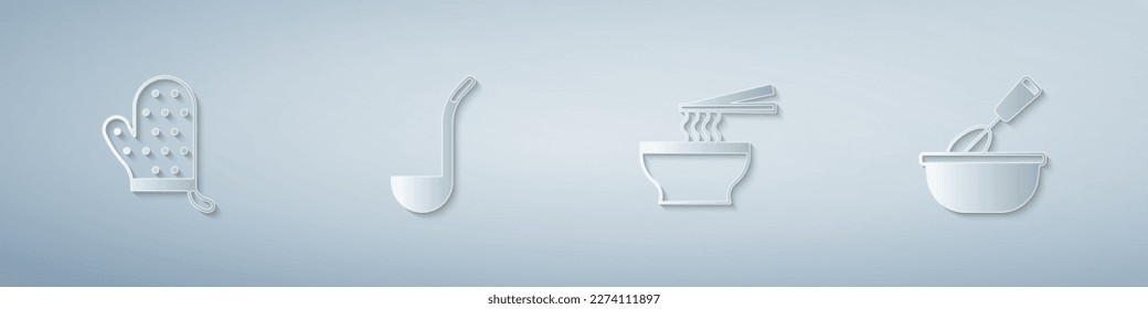 Set Oven glove, Kitchen ladle, Asian noodles in bowl and Cooking whisk with. Paper art style. Vector