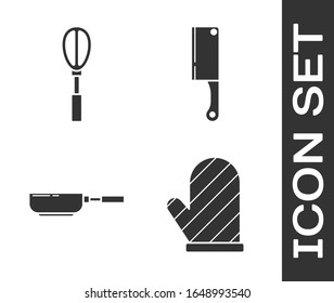 Set Oven glove , Kitchen whisk , Frying pan  and Meat chopper  icon. Vector