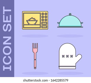 Set Oven glove, Microwave oven, Fork and Covered with a tray of food icon. Vector