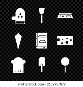 Set Oven glove, Spatula, Electronic scales, Chef hat, Frying pan, Pastry bag for decorate cakes and Cookbook icon. Vector