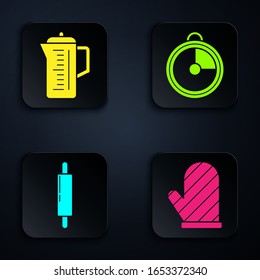 Set Oven glove , Teapot , Rolling pin  and Kitchen timer . Black square button. Vector