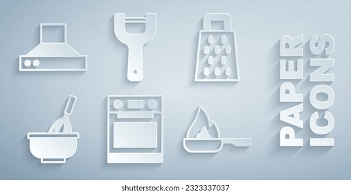 Fija Horno, Grater, Susurro de cocina con tazón, sartén, pelador vegetal e ícono de ventilador de extractor. Vector