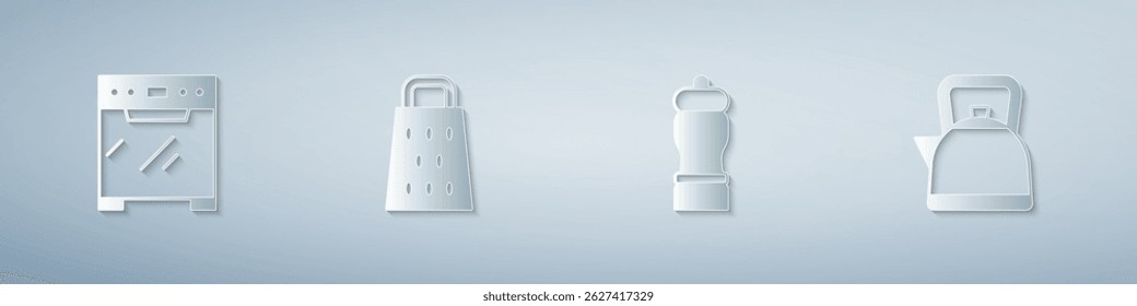 Set Oven, Grater, Pepper and Kettle with handle. Paper art style. Vector