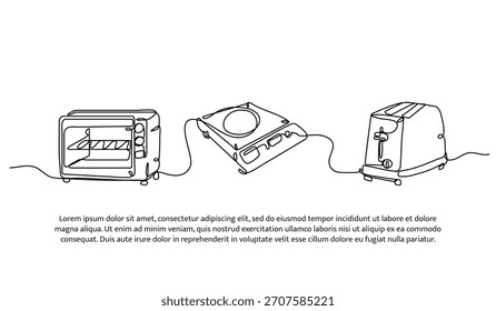 Ofensatz, Induktionsherd und Toaster in einer Linie. Elektronische Werkzeuge. Abstrakte minimale durchgehende Linie einzeln auf weißem Hintergrund.