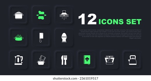 Set Oven, Kettle with handle, Meat chopper, Cookbook, Cooking pot, spice, Rolling pin on dough and Crossed knife fork icon. Vector