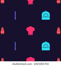 Set Oven, Knife, Chef hat and Salt and pepper on seamless pattern. Vector