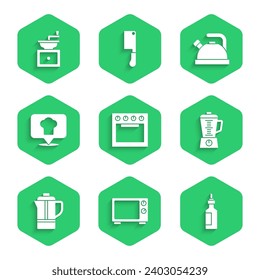 Set Ofen, Mikrowellenofen, Flasche Olivenöl, Mixer, Teekanne, Kochmütze mit Lage, Kettle Griff und manuelle Kaffeemaschine Symbol. Vektorgrafik