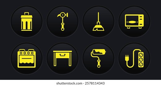 Set Oven, Microwave oven, Furniture nightstand, Paint roller brush, Handle broom, Hammer, Electric extension and Trash can icon. Vector