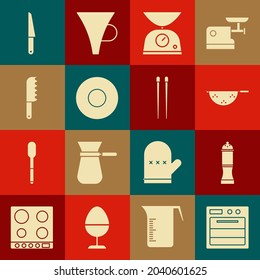 Set Oven, Pepper, Kitchen colander, Scales, Plate, Bread knife, Knife and Food chopsticks icon. Vector