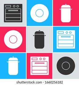 Set Oven, Plate and Cooking pot icon. Vector